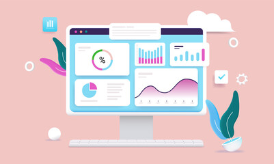 Fototapete - Computer with data dashboard on screen - Desktop monitor with infographics, charts and graphs on cartoon vector illustration