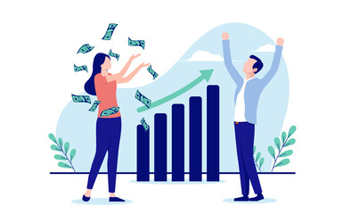 Wall Mural - Small business making money and having growth - Man and woman with rising chart earning profits, cheering with hands in air. Flat design vector illustration with white background