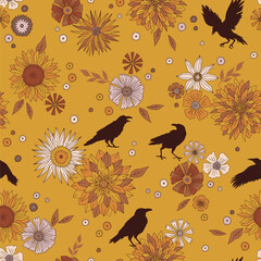 Crow silhouette among autumn flowers vector seamless pattern. Retro raven floral background. Boho retro Halloween surface design.