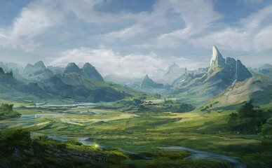 Aufkleber - Fabulous fantasy landscape of mountains, amazing view of the rocks and the valley. Mystical nature of the peaks of mountains and ridges. Illustration