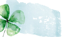 Clover Leaf On Blue Stain Background Watercolor Wallpaper. Template For Decorating Designs And Illustrations.