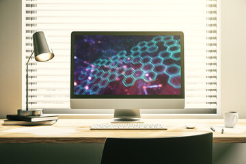 Poster - Creative abstract wireless technology hologram with hexagon on modern computer monitor, artificial intelligence and machine learning concept. 3D Rendering