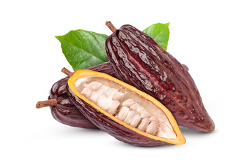 Wall Mural - Group of red cocoa fruit with cut in half slice and green leaf isolated on white background.