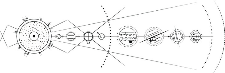 Wall Mural - model of solar system, black and white minimal vector illustration