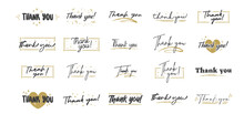Thank You Lettering. Black Text Word With Gold Stars. Hand Drawn Message Design. Handwritten Modern Brush Typo Isolated Vector. Scratched Calligraphy Style.