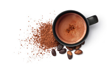 cocoa drink with cocoa powder and beans isolated on white background.