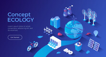 Ecology, Green City, Eco Planet. Bio Technology Ideas. Solar Panels, Wind Turbines, Hydroelectric Station, Recycling, Save Energy. Isometric Landing Page. Vector Web Banner.