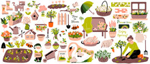 Big Spring Set. Different Baskets, Boxes With Flowers, Cute Animals,  Bench, Birdhouse And Gardening Decor, Tools. Washi Tapes. Vector Illustration And Text