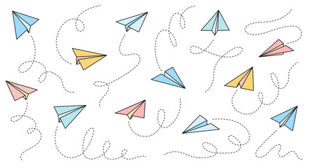 Wall Mural - Paper airplane vector icon. Doodle outline style color paper airplane. Simple origami colorful aircraft element. Drawing doodle vector illustration.