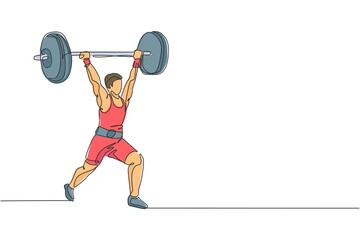 Poster - One continuous line drawing of young bodybuilder man doing exercise with a heavy weight bar in gym. Powerlifter train weightlifting concept. Dynamic single line draw design vector illustration graphic