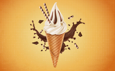 Milk ice cream in the cone with chocolate flavour Slices and splashes - Vector illustration