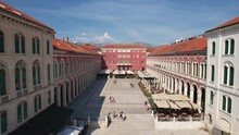 Vibrant And Elegant Republic Square (Prokurative) Plaza Of Split Croatia Neo-Renaissance Architecture Drone 4k