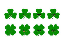 Cute Clover Leaves Kids Mascot Set Isolated On White Background Green Lucky Four Leaf Clover And Shamrock Clover. Flat Cartoon Vector Illustration. Traditional Irish Symbol For St. Patrick S Day.
