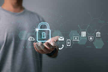 Poster - Privacy concept for data protection. Network of cybersecurity. A businessman guards his client's personal information. Internet technology networking connection and padlock symbol.