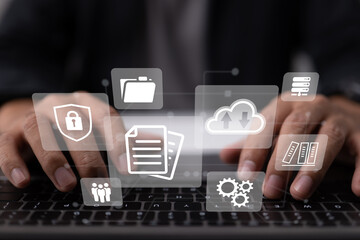Poster - Document management on a laptop. Online documentation database and digital file storage and retrieval solution for software. The management of company resources.