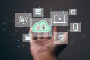 Aufkleber - Database data can be moved to the Cloud with help from this technology. Integrated digital web on hand concept.