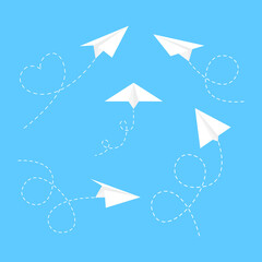 Poster - Paper white airplanes with line dotted route set. Sending message linear fold planes collection. Vector isolated on blue.