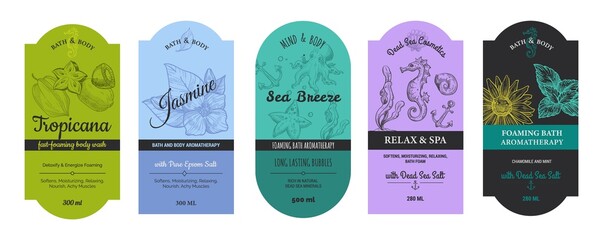 Foaming bath cosmetic product, label design set