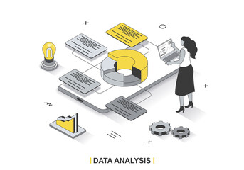 Poster - Data analysis concept in 3d isometric outline design. Woman studies statistics and researches graphs and charts, making financial report, line web template. Vector illustration with people scene