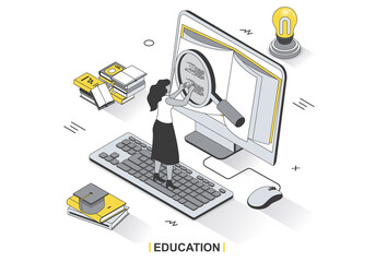 Leinwandbilder - Education concept in 3d isometric outline design. Student learning online, studying textbook on computer, reading book and preparing for exams, line web template. Vector illustration with people scene