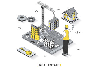 Leinwandbilder - Real estate business concept in 3d isometric outline design. Builder creates skyscrapers and houses for sale and investment, buying property, line web template. Vector illustration with people scene