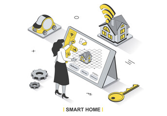Poster - Smart home concept in 3d isometric outline design. Woman controls sensors in house using computer, systems monitoring, security and automation, line web template. Vector illustration with people scene