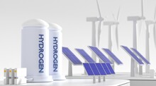 Hydrogen Gas Turbine Power Plant With Renewable Energy Sources. Production Green Hydrogen Of Windmill Turbines And Solar Panels. Tank Containers For Storage, 3d Render Illustration, Clean Electricity