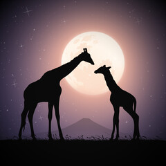 Sticker - Giraffe family in savannah. Animal silhouette. Full moon, starry night