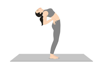 Standing Backbend. Beautiful girl practice Anuvittasana. Young attractive woman practicing yoga exercise. working out, black wearing sportswear, grey pants and top, indoor full length, relax calmness