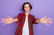 Photo of nice millennial bob hairdo lady hug wear red shirt isolated on purple color background