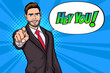 Serious Bearded businessman pointing finger say Hey you