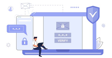 2fa Two factor authentication password secure notice login verification code Notice with code fo sign in Two steps factor verification via laptop and phone Mobile OTP method Vector flat illustration