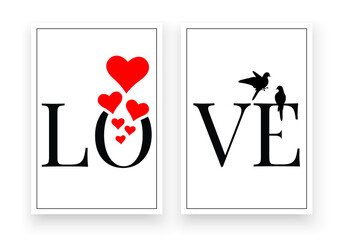 Wall Mural - Love, vector. Minimalist poster design in three pieces. Wall art, artwork. Wording design isolated on white background, lettering. Printable art design