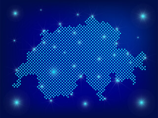 switzerland map in blue. dotted map. dots swiss confederation map with spotlights on dark blue backg