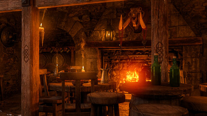 Poster - Inside a medieval tavern with round tables lit by candles and a burning open fireplace. 3D illustration.