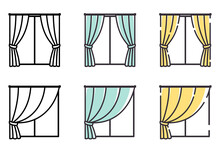 シンプルな線のかわいい窓_両開きと片開きのカーテン_イラスト素材セット
