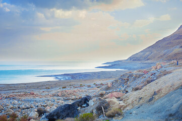 mountains and dead sea at sunset of a sunny day