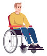 Smiling guy sitting in wheelchair semi flat RGB color vector illustration. Live healthy life to fullest. Mobility impairment. Person with disability isolated cartoon character on white background