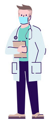 Poster - Healthcare during covid semi flat RGB color vector illustration. Standing figure. Preventative measures. Male doctor wearing white robe and mask isolated cartoon character on white background