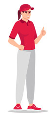 Wall Mural - Excellent delivery service quality semi flat RGB color vector illustration. Distributing documents and parcels. Female courier wearing red uniform isolated cartoon character on white background