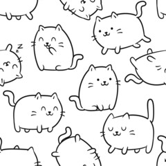 Poster - Seamless pattern with cute kawaii cats or kittens in funny poses. Vector illustration with white kawaii kittens. Background for print fabric, textile design, wrapping paper or wallpaper