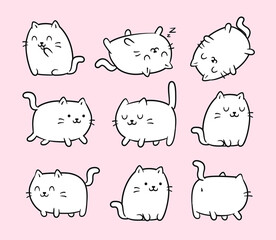 Poster - Set of cute Kawaii style white Cats or kittens in funny poses - isolated on white vector. Funny kawaii animal. Cartoon fat cats 