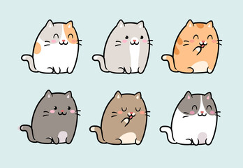 Poster - Set of cute Kawaii Cats in sitting poses - isolated on white vector. Funny cartoon fat cats for print or sticker design