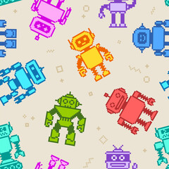Poster - Pixel Art  Cartoon robots and aliens in 8-bit retro game style - vector seamless pattern. Cute cartoon robots toys endless background