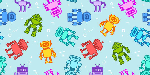 Poster - Pixel Art  Cartoon robots and aliens in 8-bit retro game style - vector seamless pattern. Cute cartoon robots toys endless background
