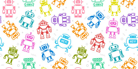 Poster - Seamless pattern of Cartoon robots and aliens in 8-bit retro game style - vector seamless pattern. Cute Pixel Art robots toys for design of backgrounds, wallpapers, fabrics, wrapping paper