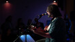 © MiguelÁngel Olivares - Singer-songwriter plays guitar and sings at acoustic concert in a club with an intimate atmosphere. Silhouettes of the public in the background
