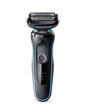 Waterproof Wireless Electric Shaver Isolated On White Background. Travel Cordless Black Electric Razor Wet & Dry Shave. Rechargeable Beard Trimmer With Pop-up Trimmer. Front View.
