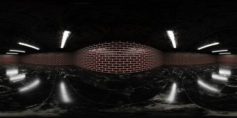 Poster - 360 degree full panorama environment map of dark brick wall industrial subground basement tunnel 3d render illustration hdri hdr vr virtual reality content