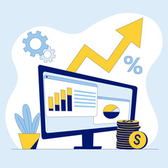 Business analytics concept. The monitor screen with chart and diagram. Flat vector illustration for web sites and mobile web sites.